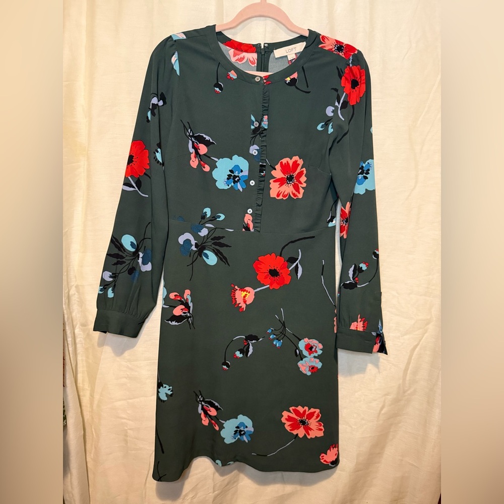 LOFT Dark Green Dress with Red and Blue Floral Print